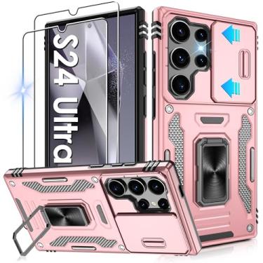 Imagem de Gritup Capa para Samsung Galaxy S24 Ultra com 2 protetores de tela HD e capa de câmera deslizante, proteção contra quedas de grau militar de 3 m, suporte de anel magnético, capa protetora para celular