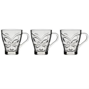 Imagem de Conjunto 3 Xícaras de Vidro Transparente Design Decorado Em Relevo 250ml Clássico Com Alça Para Servir Bebidas Quentes Padrão Borboletas Premium