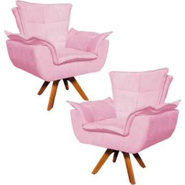 Imagem de Kit 2 Poltronas Base Giratória Em Madeira Charger Suede Rosa