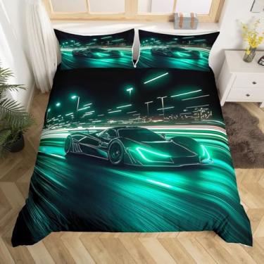 Imagem de jejeloiu Conjunto de cama solteiro de carro de corrida azul-petróleo para esportes radicais para crianças, meninos, meninas, conjunto de capa de edredom de carro de luxo, 2 peças, fecho de zíper