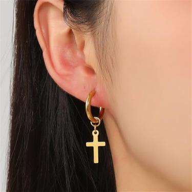 Imagem de Brincos de argola com cruz banhada a ouro 14 K, brincos modernos de cruz para mulheres, pequenos aros de aço inoxidável, brincos de cruz pendurados para homens, fé religiosa, uso diário, Small, Aço