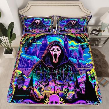 Imagem de Jogo de cama solteiro com caveira gótica, esqueleto humano, Halloween, castelo mágico, sol e lua, céu estrelado, meninas, meninos, preto, 1 fronha (sem plana)