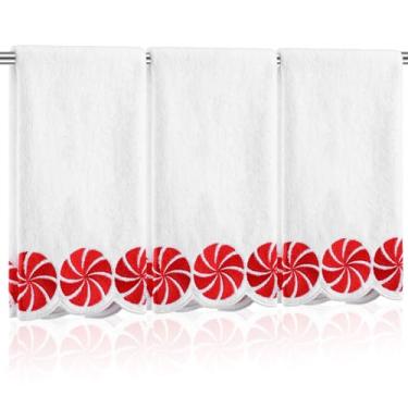 Imagem de VitalCozy Pacote com 3 toalhas de mão de Natal bordadas vermelho branco menta doce toalha de prato recortada algodão decorativo presentes de Natal para férias de inverno cozinha banheiro secagem à mão