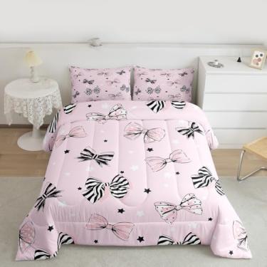 Imagem de Feelyou Conjunto de edredom com laço rosa, tamanho casal, kawaii, para crianças, adolescentes, estilo princesa, sonhador, edredom para decoração de quarto, 3 peças com 2 fronhas