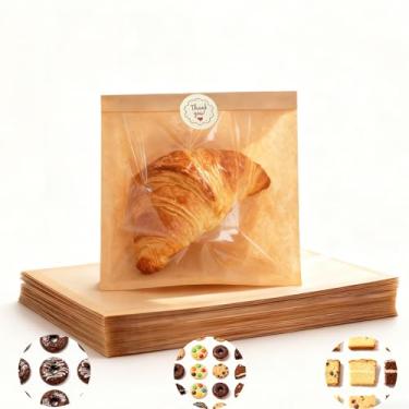 Imagem de Pacote com 100 sacos de embalagem de biscoito com selo, sacos de panificação de papel de 17 x 19 cm com janela, resistente a graxa selável ao calor, sacos de biscoito únicos para petiscos, rosquinhas