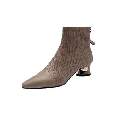 Imagem de TinaCus Bota feminina de cano curto feita à mão com zíper nas costas, salto grosso, couro legítimo, cano curto, Damasco, 38