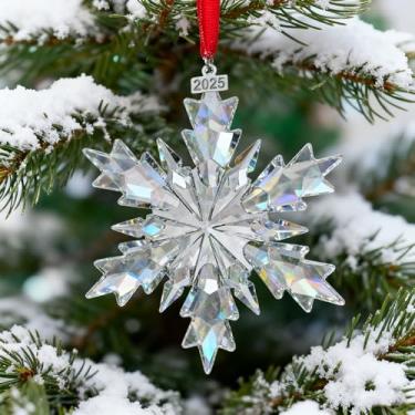 Imagem de Enfeite de árvore de Natal de floco de neve de cristal transparente 2025 - Decoração de janela de apanhador de sol gravada com etiqueta 2025, decoração de feriado em caixa de presente