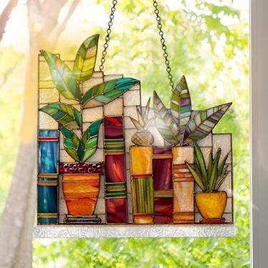 Imagem de Apanhador solar de acrílico colorido, decoração de janela para pendurar livros com design de vitral impresso, apanhador de sol, arte de parede de arco-íris, ornamentos de Natal para uso interno e