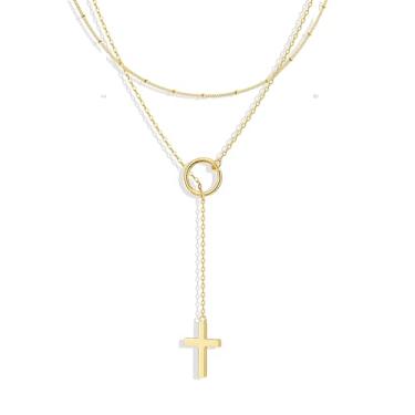 Imagem de Moodear Colar de cruz longa para mulheres – Colar com pingente de crucifixo banhado a ouro 14K delicado Lariat Rosarios Catholic Virgin Mary Beaded Y Chain Christian Jewelry Gift for Her, Banhado a