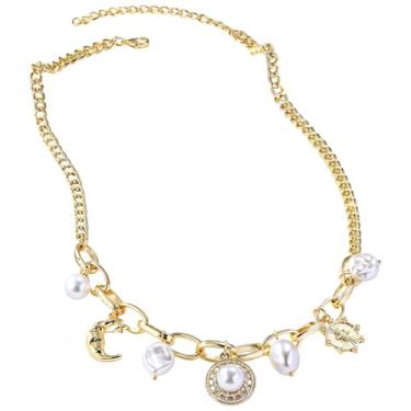 Imagem de Colar com pingente grosso banhado a ouro para mulheres, estilo retrô, vários pingentes, colar com pingente de pérola e lua, ideal para camadas
