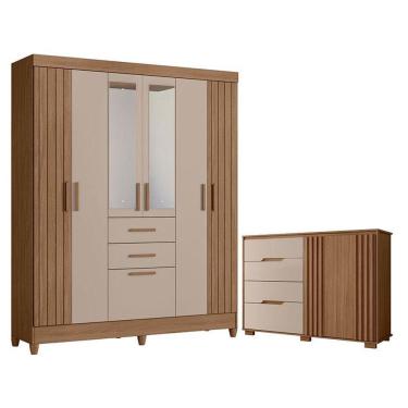 Imagem de Guarda Roupa Solteiro Malta Com Espelho E Cômoda Texas Carvalho Fendi - Moval