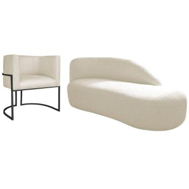 Imagem de Kit Divã Luna 185cm Lado Direito E 01 Poltrona Base De Ferro Preto Linho Bege