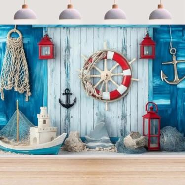 Imagem de Fundo de foto náutico de madeira azul tema náutico verão chá de bebê decoração de festa de aniversário velete barco leme rede de pesca verão náutico férias pano de fundo (20 x 1,5 m)