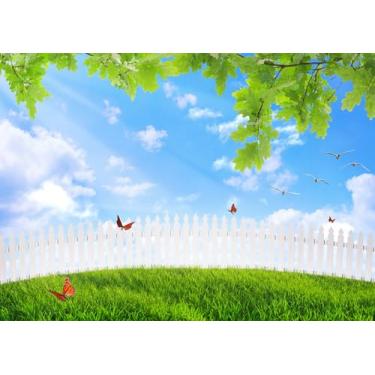 Imagem de DePhoto Cenários de primavera de 1,8 x 1,8 m para fotografia, céu azul, nuvens brancas, fundo de jardim de borboleta, cenário natural para festa temática de casamento, adereços de estúdio fotográfico