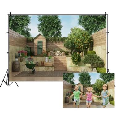 Imagem de Renaiss Cenário de pátio de tecido, cenário de campo, jardim, casa de madeira, plantas verdes naturais, fundo fotográfico, varanda, vista de casa, adereços de estúdio fotográfico, 2,1 x 1,5 m