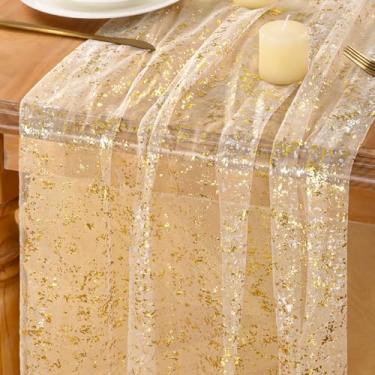 Imagem de Jimtx 4 peças bege dourado brilhante caminho de mesa de gaze 30 cm 3,5 m com glitter metálico toalha de mesa para casamentos, aniversários, Natal e todos os eventos glamourosos
