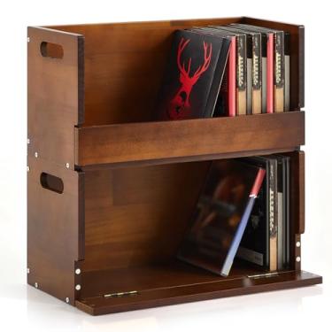 Imagem de CroBlissful 2 peças de caixa de armazenamento de DVD de madeira, suporte de fita cassete com alça de transporte, prateleira organizadora para capas de filmes, organizador de CD pode armazenar até 26