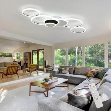 Imagem de Luminária de teto LED econômica e regulável de 3000 a 6000K com controle remoto, 7 anéis de LED, para sala de estar, quarto, escritório, cozinha, sala de estudos, 120cm de comprimento, 100W