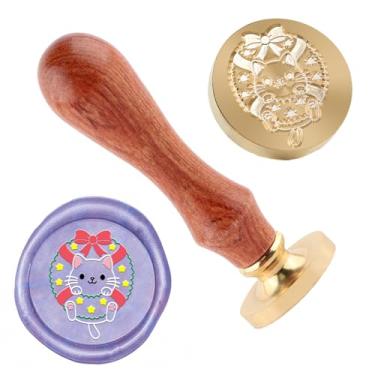 Imagem de Carimbo de lacre de cera de Natal Carimbo de lacre de gato de latão e um cabo de madeira carimbos cabeça para cartões de natal convites de festa carta envelope cartões de felicitações presentes