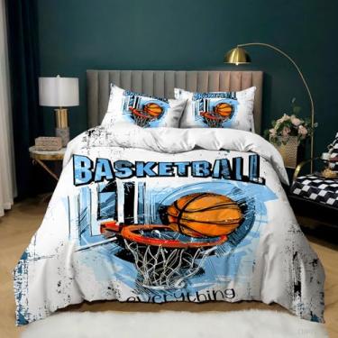 Imagem de AILONEN Conjunto de capa de edredom de basquete para meninos, tamanho Queen, estampa à mão, 1 capa de edredom + 2 fronhas, 3 peças, microfibra macia