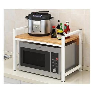 Imagem de HHHJQFAAT Suporte de microondas, rack de madeira para forno de microondas, estrutura de aço, prateleira de armazenamento, suporte de micro-ondas, suporte de armazenamento de 2 níveis, suporte de