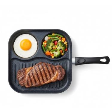 Imagem de Frigideira 3 em 1 Antiaderente com Divisórias – Panela Multiuso para Ovos, Bife, Legumes e Panquecas – Cozinha Rápida e Prática – Compatível com Fogão a Gás e Elétrico – Cabo Antitérmico