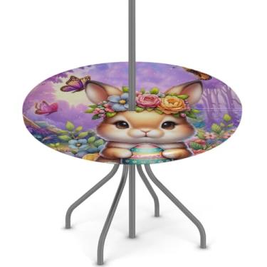 Imagem de hongjinglin Toalha de mesa de Páscoa para uso ao ar livre com orifício para guarda-chuva, toalha de mesa redonda elástica com zíper, impermeável, limpável, para piquenique, festa, pátio, serve para