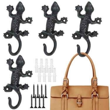 Imagem de OMISTAR 4 ganchos de toalha de piscina de ferro fundido, ganchos de parede de lagartixa, gancho de casaco resistente, ganchos decorativos de lagarto com parafusos de montagem e âncoras de parede, 16 x