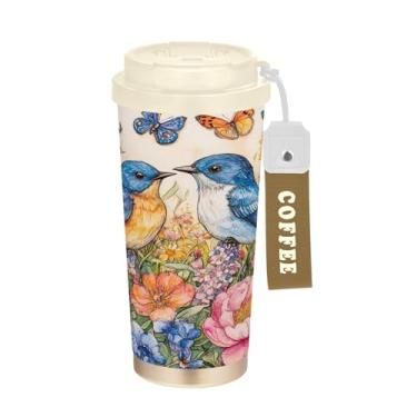 Imagem de SEHANY Caneca de viagem de pássaro colorida de 482 g Copos de café reutilizáveis revestidos de cerâmica com tampa à prova de vazamento, parede dupla, copo de café de aço inoxidável isolado a vácuo