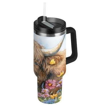 Imagem de SEHANY Copo Highland Cow 1,134 g com tampa e canudo, aço inoxidável de vácuo duplo isolado garrafa de água esportiva suporte para copo de café de viagem à prova de vazamento para bebida gelada
