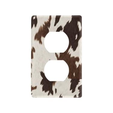 Imagem de Blueangle Placa de parede com textura de couro bovino branco marrom, tamanho padrão, placas de cobertura de tomada elétrica de 1 gangue para decoração de quarto de escritório em casa, 4,53 x 2,76
