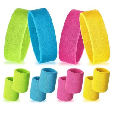 Imagem de Zmzdp Conjunto de 12 faixas de suor, faixas de cabelo e pulseiras neon para homens e mulheres, pulseiras para suor, faixas de suor de algodão com absorção de umidade para esportes, basquete, tênis