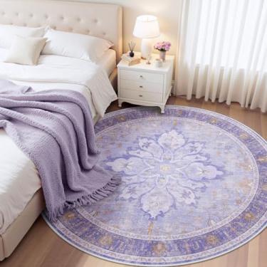 Imagem de RELEANY Tapetes de área de 1,8 m, lavável, antiderrapante, estampa floral, vintage, tapete medalhão para sala de estar, quarto, sala de jantar, roxo claro e marrom