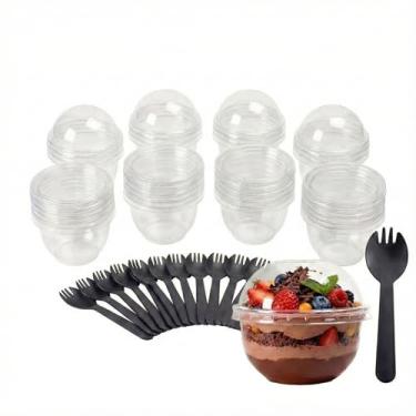 Imagem de VKSLKV Pacote com 20 copos de sobremesa de plástico de 250 ml com tampas de cúpula e garfos pretos - Copos Parfait transparentes para iogurte, frutas, cupcakes - Copos de charcutaria descartáveis para