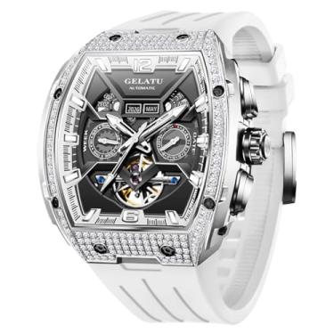 Imagem de OLEVS GELATU Relógio masculino automático Tonneau relógio esqueleto mecânico 50 m, impermeável, cristal de safira, mostrador quadrado, multifunção de calendário, Relógios de luxo: branco