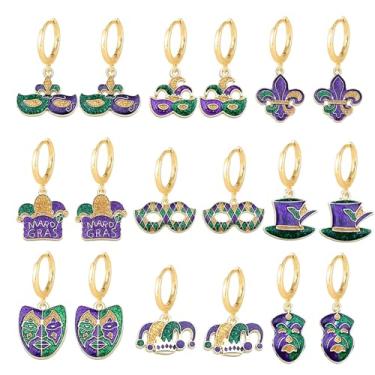 Imagem de coadipress 9 pares de brincos de argola para mulheres com tema de carnaval delicado com glitter, roxo, verde e amarelo, coroa leve, brincos pendentes de argola, Medium, Liga de aço, Sem pedra preciosa