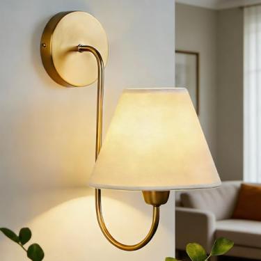 Imagem de Arandela de parede única de linho branco vintage, lâmpada de parede Swoop retrô com poste de latão antigo de metal, design de luminária de pescoço de ganso para iluminação doméstica elegante, quarto