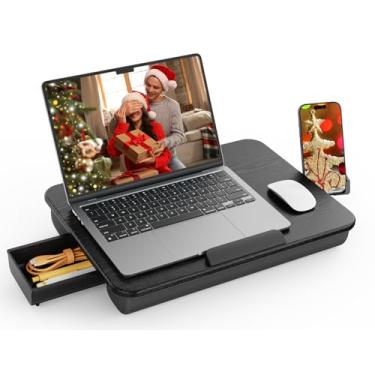 Imagem de SAIJI Mesa de colo para laptop com armazenamento de gaveta, suporte de telefone, cabe laptops de até 15,6 polegadas