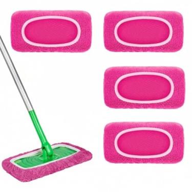Imagem de Almofadas de esfregão de microfibra – Pacote com 4 refis laváveis reutilizáveis para limpeza de piso molhado e seco - Serve na maioria dos esfregões padrão - Almofadas de limpeza doméstica rosa rosa