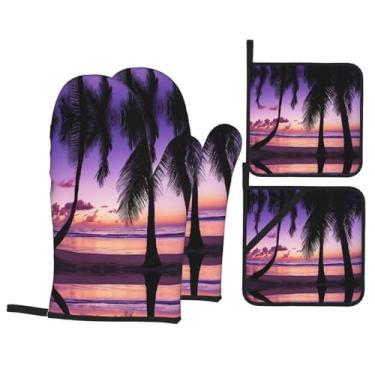 Imagem de Silhueta de palmeiras ao pôr do sol - Conjunto de luvas de cozinha estampadas com suportes de tampa, luvas de forno resistentes ao calor para lidar com panelas quentes, grelhar, churrascos, kit de 4