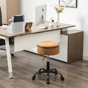 Imagem de FIRAVOE Cadeira de desenho com rodas (banqueta e mesa pequena em uma) (cadeira de escritório ajustável de 52,5 a 62,5 cm), banco de rodinhas marrom caramelo com armazenamento