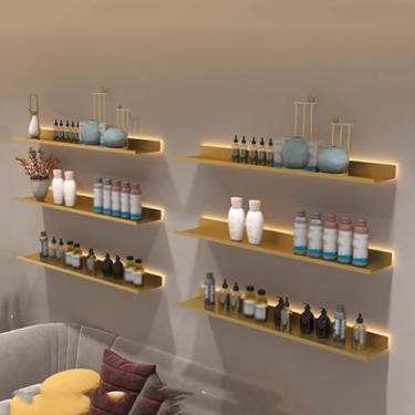 Imagem de Prateleiras de parede flutuantes, prateleiras emissoras de luz montadas na parede de metal para sala de estar decoração de parede vazia para estante de livros (ouro - 60 x 20 cm