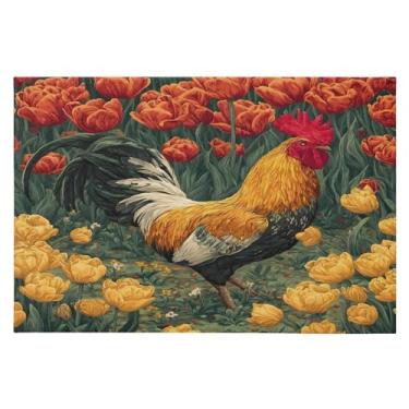 Imagem de Tapete de área 60 x 90 cm, macio, lavável, antiderrapante, com revestimento de borracha, galo, tulipa para sala de estar, quarto, decoração de casa