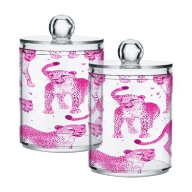 Imagem de STAYTOP 2 peças elegantes de leopardo Qtip dispenser boticário frascos de banheiro com etiquetas – recipiente de armazenamento Qtip de plástico transparente acrílico para bola de algodão, cotonete