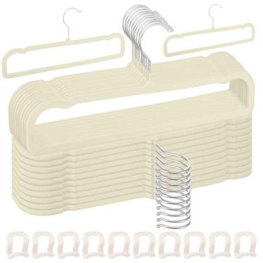 Imagem de Cabides de veludo antiderrapantes, pacote com 20 cabides de veludo bege retangulares de plástico com 10 ganchos para jeans, sutiãs, shorts