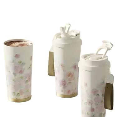 Imagem de Copo Térmico 520ml Inox com Alça – Parede Dupla a Vácuo | Tampa Antivazamento para Café, Chá e Viagem (Rosas)