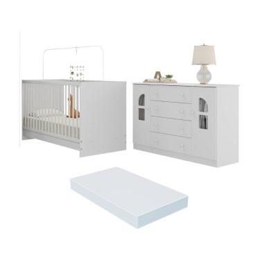 Imagem de Berço 3 Em 1 Com Colchão Incluso E Cômoda 2 Portas 4 Gavetas Amora Multimóveis MP4771 Branco