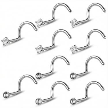 Imagem de Molain 10 peças de piercing de nariz, parafuso de nariz, 20 g, saca-rolhas em forma de L, com aço inoxidável de 2 mm, zircônia branca, anéis de nariz prateados para mulheres (prata)