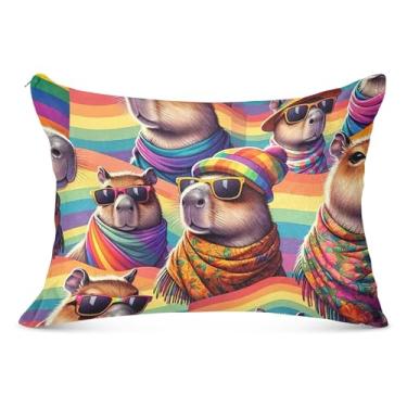 Imagem de Capa de almofada decorativa com zíper capivara do mês do orgulho LGBT King Queen tamanho padrão fronha colorida para cama de casa, tamanho Queen, 50,8 cm x 76,2 cm