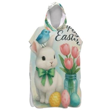 Imagem de TSENQUE Poncho de toalha de banho com capuz de secagem rápida coelhinho da Páscoa pássaro azul para praia, spa, natação, tamanho único